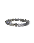 A beaded stretch bracelet made of polished gray stone beads with a subtle iridescent sheen, displayed on a clean white background.