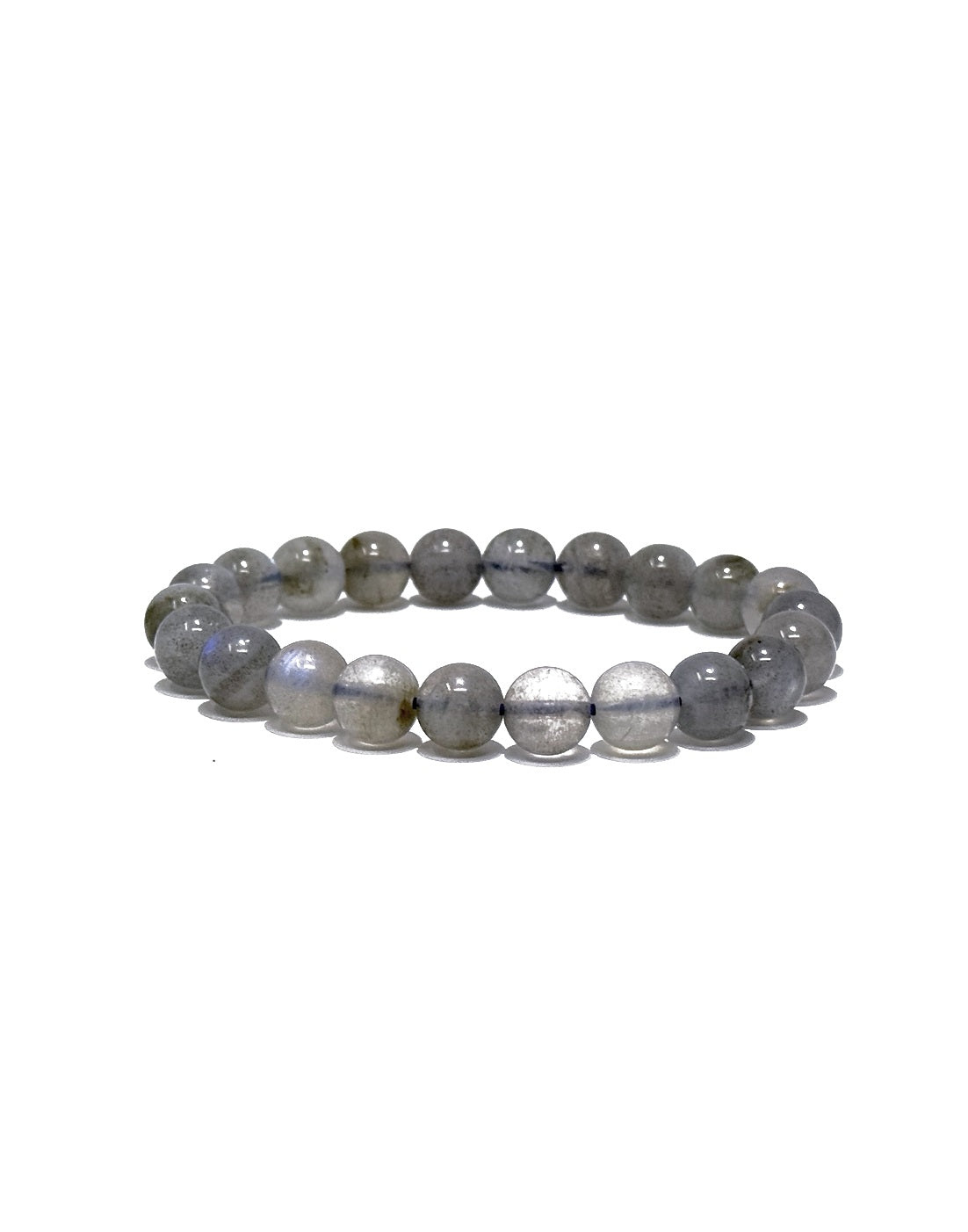 A beaded stretch bracelet made of polished gray stone beads with a subtle iridescent sheen, displayed on a clean white background.
