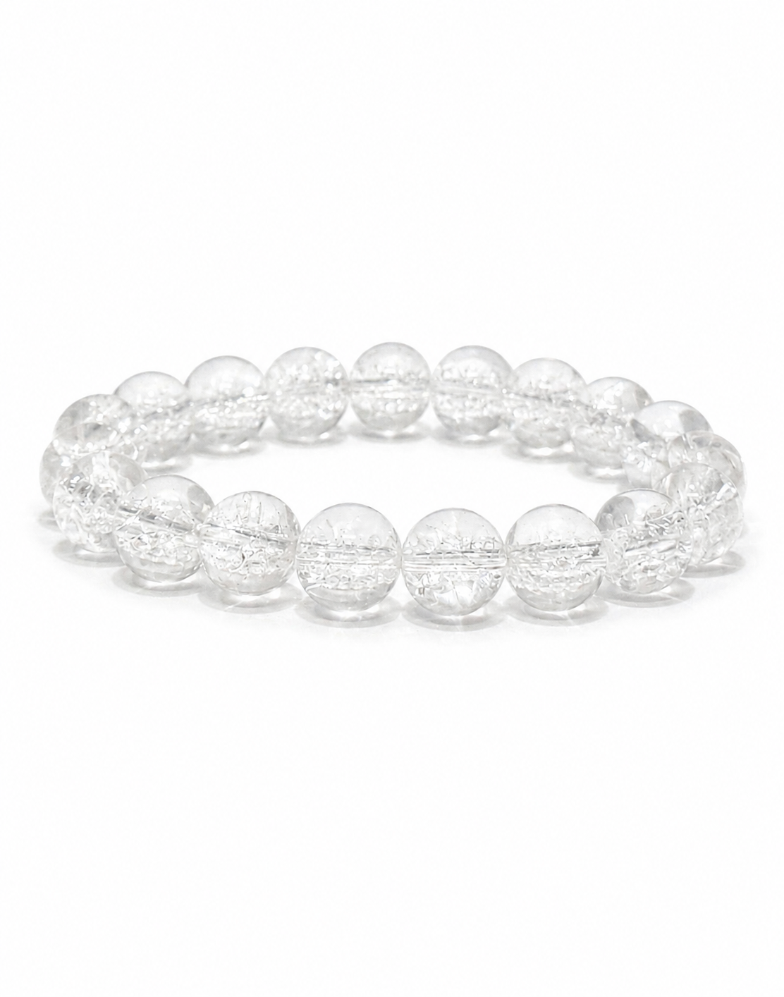 A clear crystal beaded stretch bracelet with tiny sparkly inclusions inside transparent round beads, displayed on a clean white background.