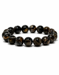 A beaded stretch bracelet made of polished round tiger's eye beads with dark brown and black bands showing golden-brown sheen, displayed on a clean white background.