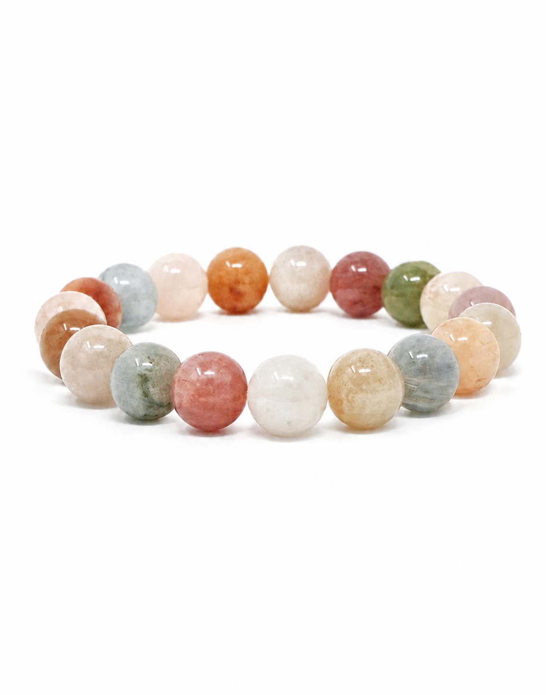 A beaded stretch bracelet made of polished, round gemstone beads in a variety of colors including orange, pink, green, blue, and white, arranged in a circle on a white background.